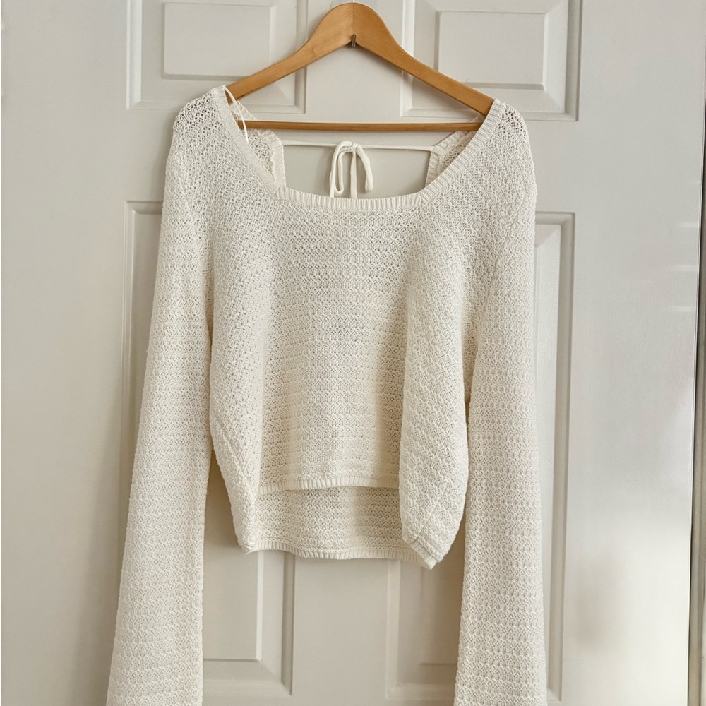 Hollister Crochet Style Squareneck Sweater XXL White Cotton Bell Sleeve